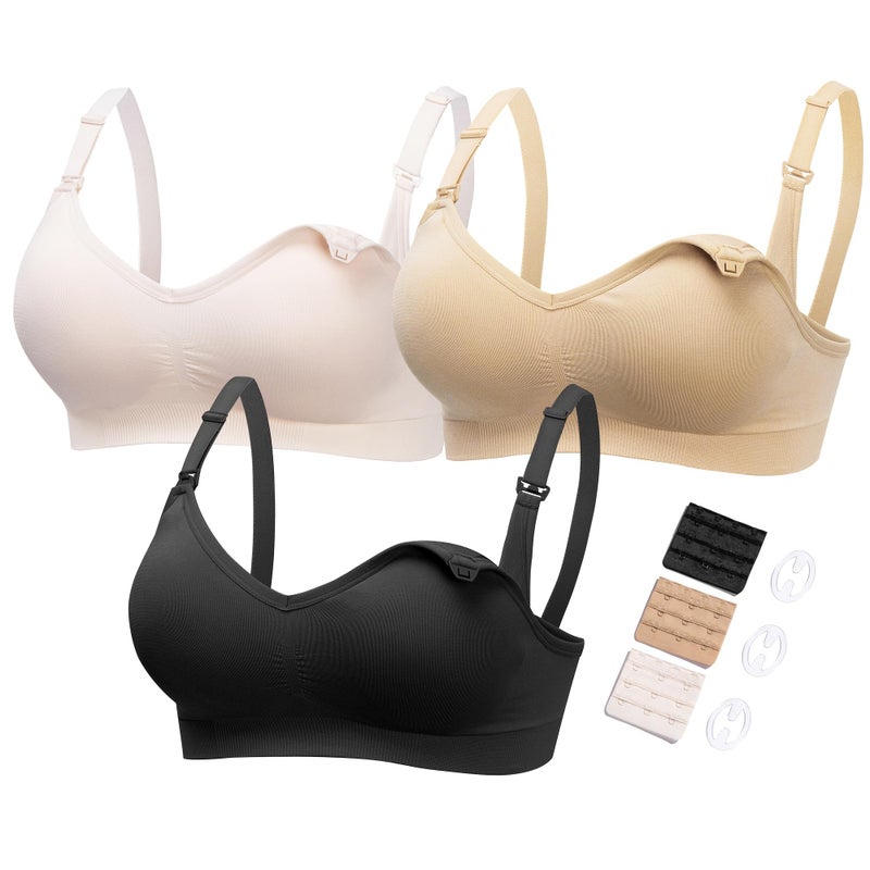 HOFISH Maternity Nursing Bras for Breastfeeding, 3 Pack Pregnancy Deep V Neck Wireless Bra with Extenders & Clips, Pink-Black-Beige, XL - Image 1